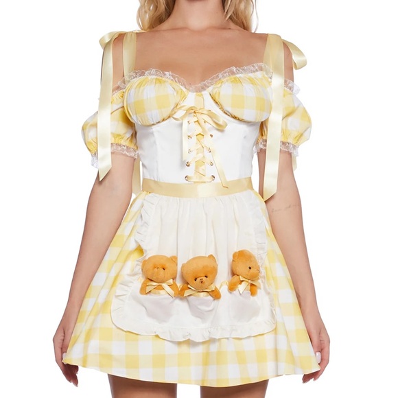 Yellow and Red Gnome Mini Dress Costume with Hat and Mushroom Bag - Picture 2 of 8